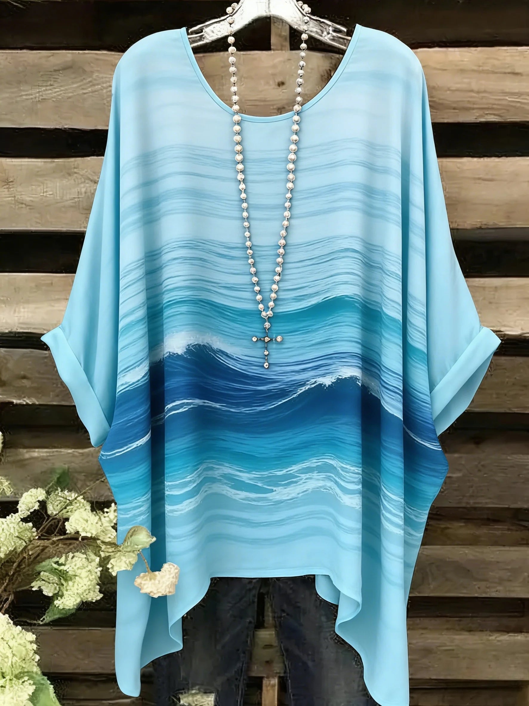Summer Top Women New Arrival Elegant Vacation Style Plus Size Simple Casual Meteor Pattern Print Irregular Hem Round Neck T-Shir