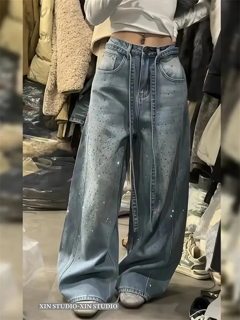 Korean Loose Women Denim Pants 2026 New Autumn Winter Retro Hot Diamond Long Cowboy Trousers Ladies Casual Streetwear Jeans