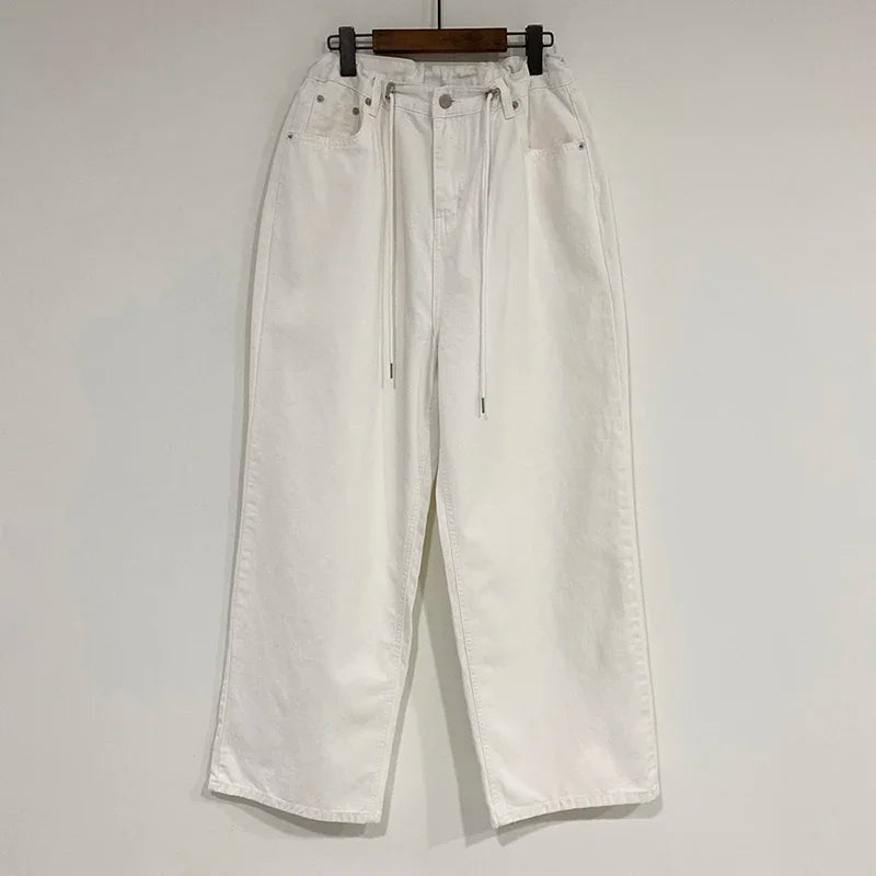 Retro High-waisted Women's Straight Jeans Summer New Fashion Loose Drawstring Design