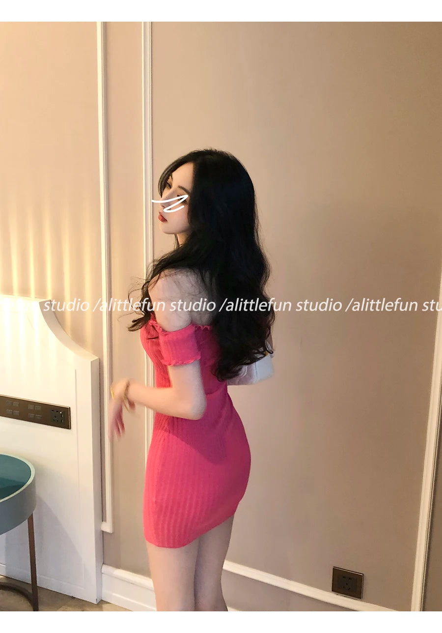 Sexy Short Ice Silk Bodycon Skirt Dress Women's Tight Fit Wrap around Waist Slimming Summer  Dress Sweet Style Short Sleeve