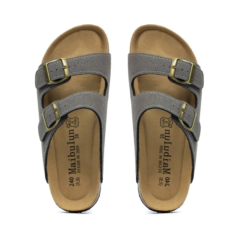 Nubuck Women Cork Slippers Summer Mule Clogs Flats Sandals Slides Casual Beach Couple Double Buckle Soft Shoes Footwear Big Size