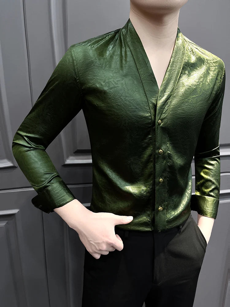 High-End Casual Shirts Men 2025 Spring British Style Slim Fit V-neck Shirt Long Sleeve Business Social Wear Men Clothing