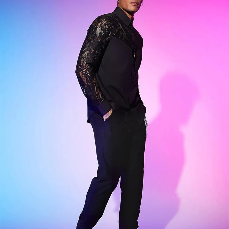 Sexy See Through Mesh Shirts Mens Long Sleeve Embroidery Mesh Lace Shirt For Men Spring Autumn Fashion Buttoned Lapel Cardigans