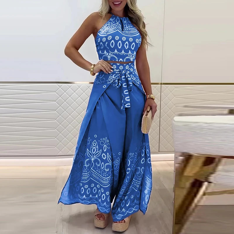 Elegant Halter Sleeveless Blouse & Lace-up Pant Set Casual Lace-up Party 2Pc Outfit Women Fashion Pattern Print Bohemian Outfits