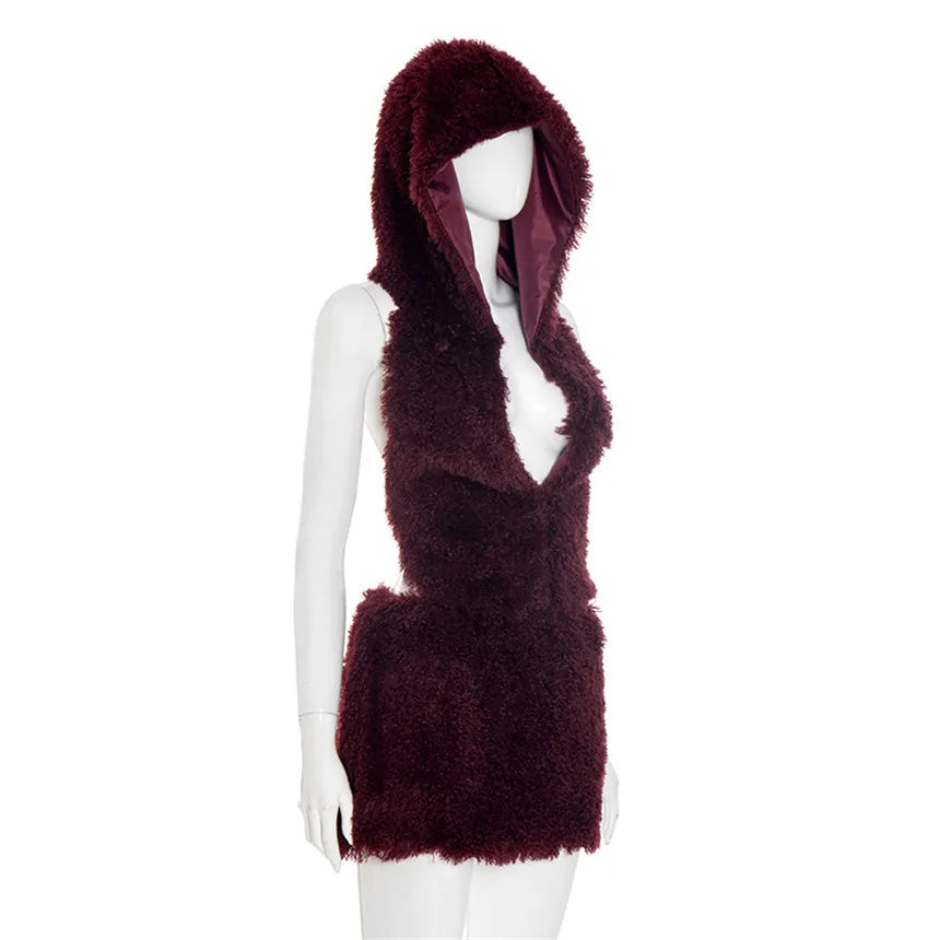 2026 Fall Winter Fashion Faux Fur 2 Piece Set Women Lace Up Backless Hooded Tank Tops + Bodycon Mini Skirts Casual Street Suits