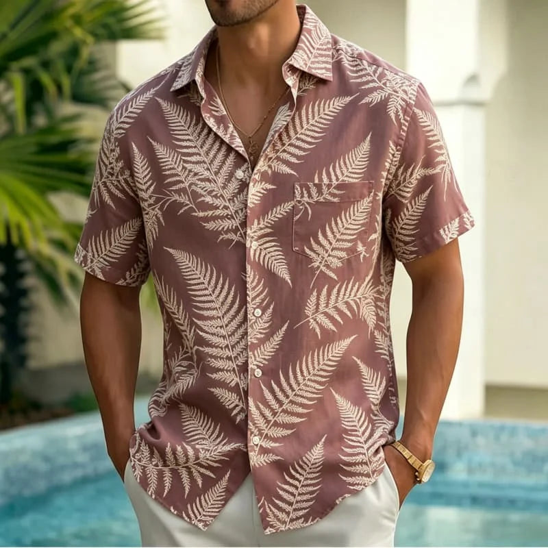 Men's Line Drawing Style Tropical Printed Short Sleeved Pocket shirt, Fresh And Simple style, For Vacation And Daily Wear
