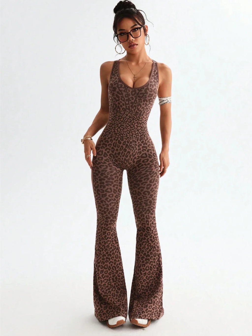 Women Leopard Print Cross Back Flared Jumpsuit Seamless Butt Lifting Yoga Bodysuit High Elastic Workout Fitness Sports Jumpsuit