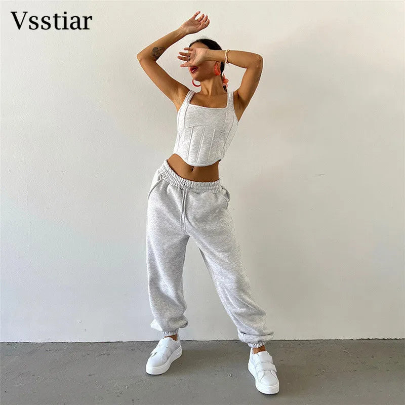 Vsstiar Women Three Piece Set Long Sleeve Hooded Crop Top Irregulary Tanks Pockets Pants Casual Tracksuit Fashion Female Clothes