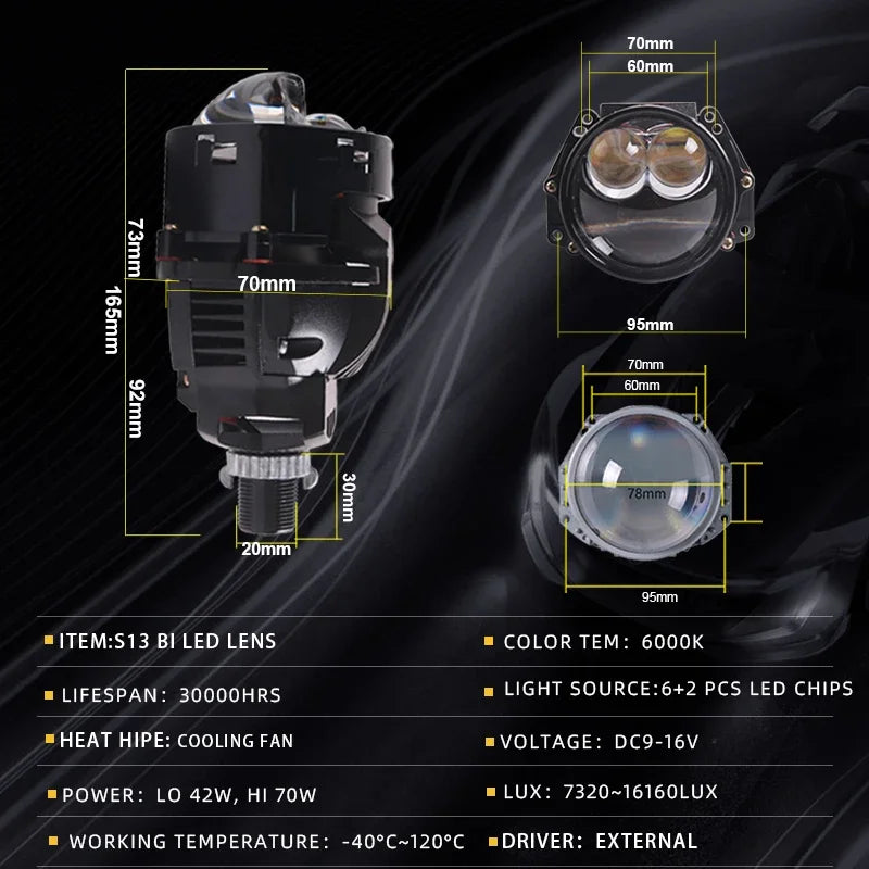 SANVI 2PCS S13 60W 6000K Dual Hyperboloid Bi LED Projector Lens 3R G5 H4 h7 9005 9006 Auto Projector Lens LHD Headlight