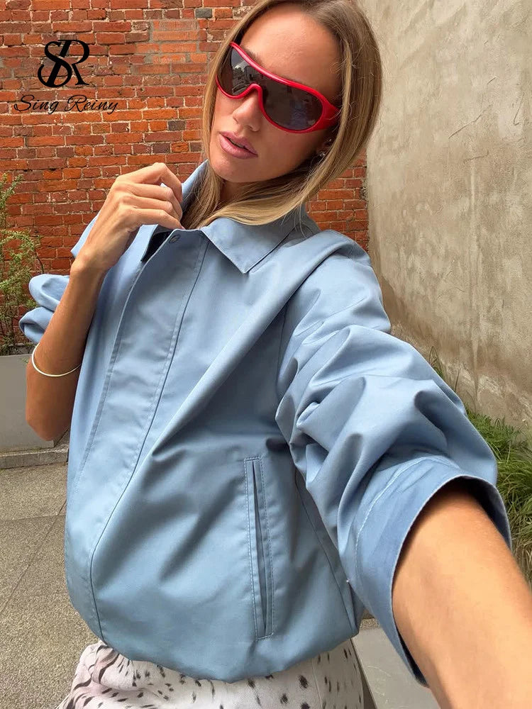 SINGREINY Autumn Trendy Street Casual Jacket Lapel Full Sleeves French Simple Outerwear Newest Versatile Blue Basic Loose Coat