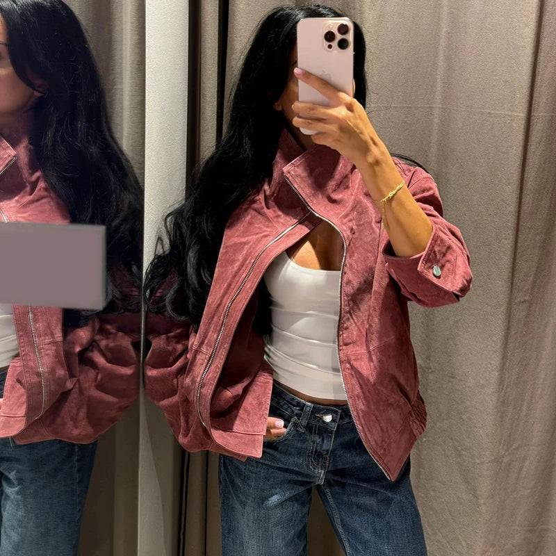 Women Dusty Faux Suede Bomber Jacket Stand Collar Zip Up Loose Drop Shoulder Elastic Hem Casual Fall Outerwear 2026 Fashion Coat