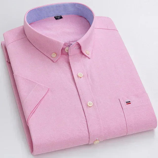 2025 100% Pure Cotton Men's Oxford Short Sleeve Square Collar Soild Plaid Striped Summer Casual Shirts Single Pocket  Shirt