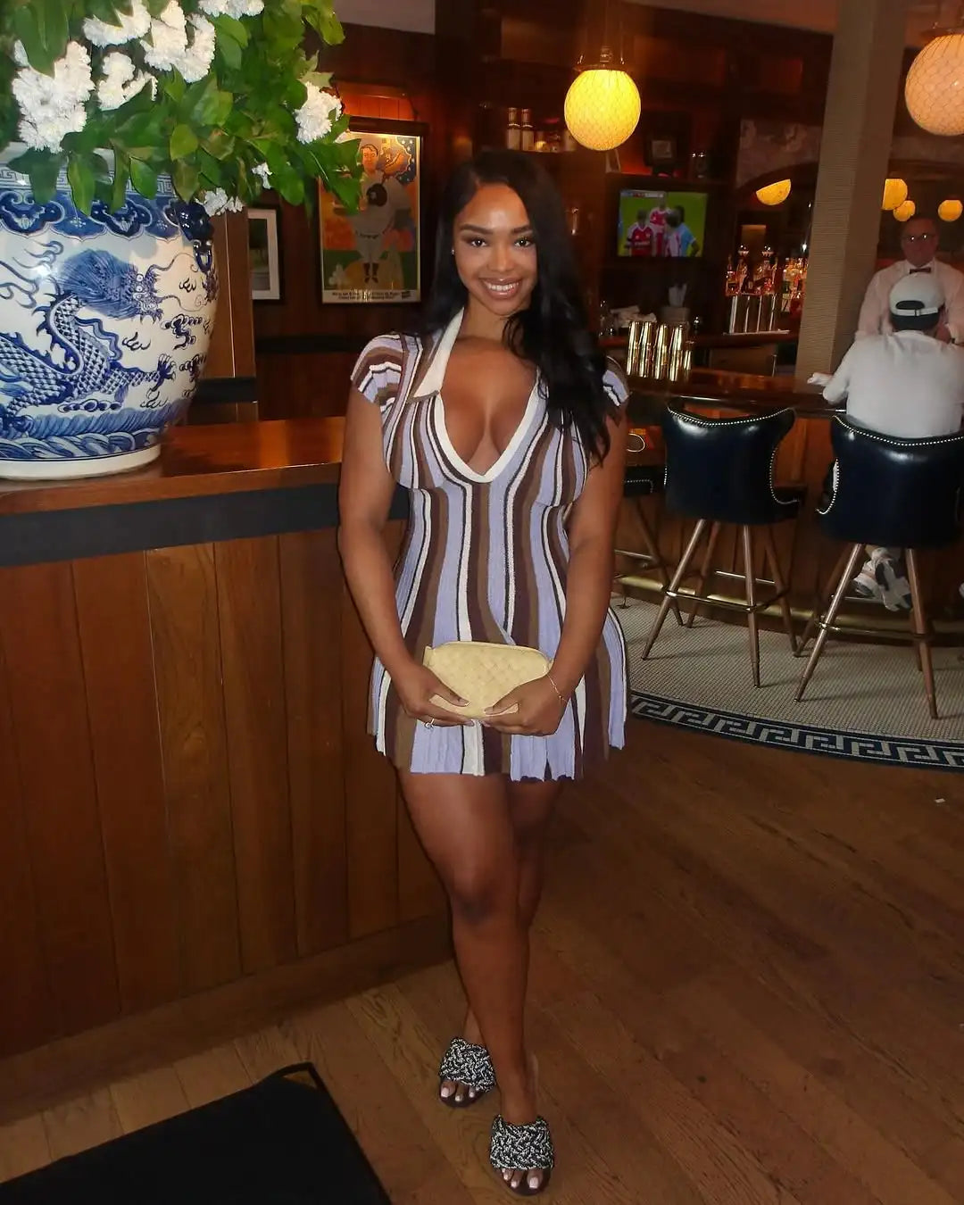 Brown Striped Polo Collar Knitted Short Sleeves Dress V-neckline Waist Cinching Flared Hem Mini Dresses Women Daily Casual Robes