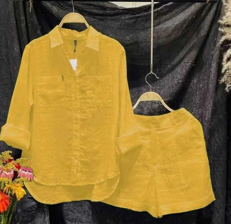 Summer Cotton Linen Casual Home 2 Piece Set For Women tracksuit 2026 Fashion White Long Sleeve Shirt And Shorts 2- Pcs Set Women