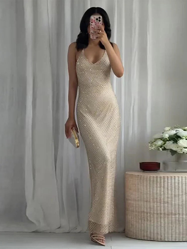Stylish Rhinestones Dresses Elegant Women Sleeveless Backless Glitter Hip Package Dress 2025 New Crystal Lady Evening Party Robe