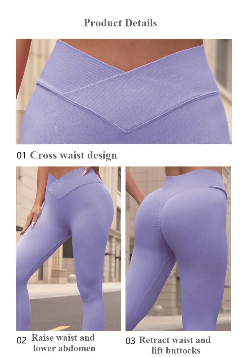 Seamless Knitted Solid Color Cross High Waist Peach Hip Yoga Pants, Fitness Breathable Yoga Nine Leg Pants