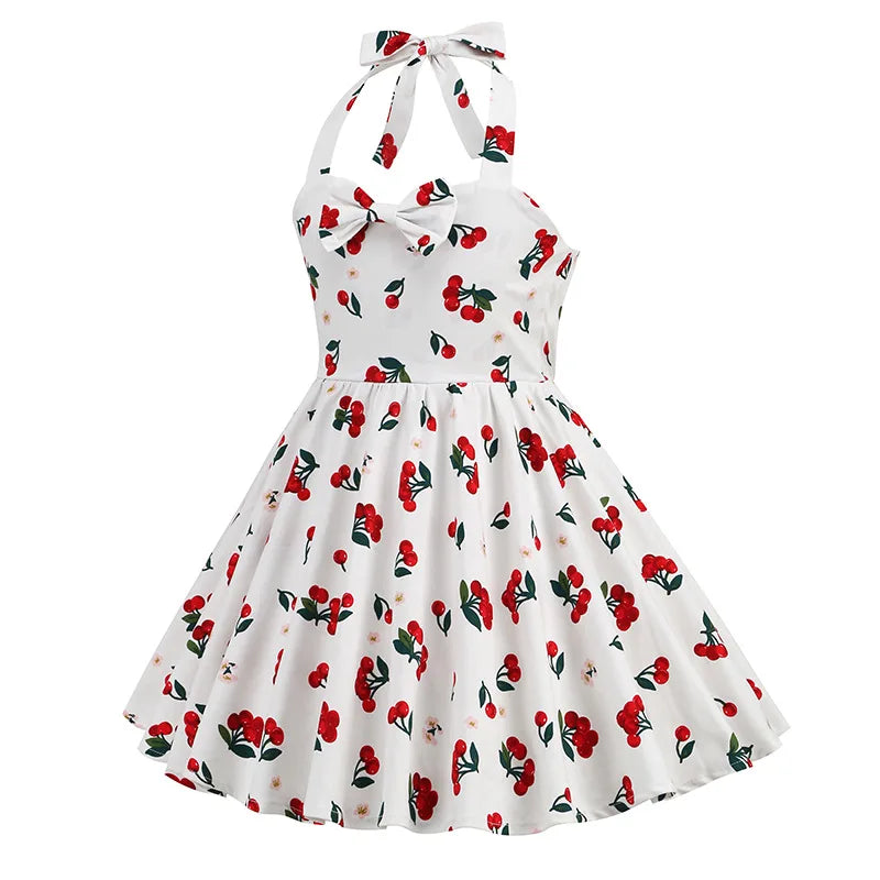 Kids Girls Vintage Halterneck Dress Polka Dots Cherry Strawberry Daily Birthday Party 1950s Swing Dress Summer Princess Dress
