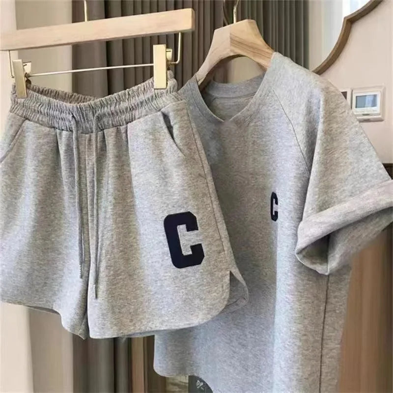  2 Piece Set Women Summer Loose Short Sleeve T-Shirt Casual Shorts Sports Print Letter Casual Suit Large Size Short Pajamas