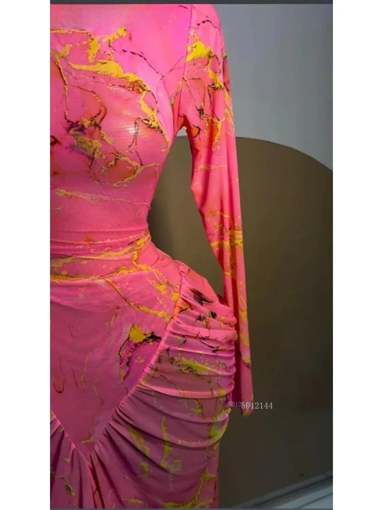 2026 Pink Women Tie Dye Printed Stacked Ruched Long Sleeve Midi Bodycon Maxi Long Dress Birthday Party Education Trendy Dresses