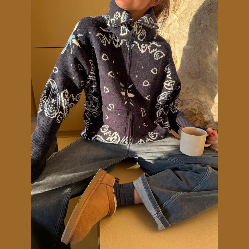 Elegant Knitted Print Women's Cardigan Loose Full Sleeve Stand Collar Zipper Sweaters Female 2026 Autumn Outwear Pockets Lady