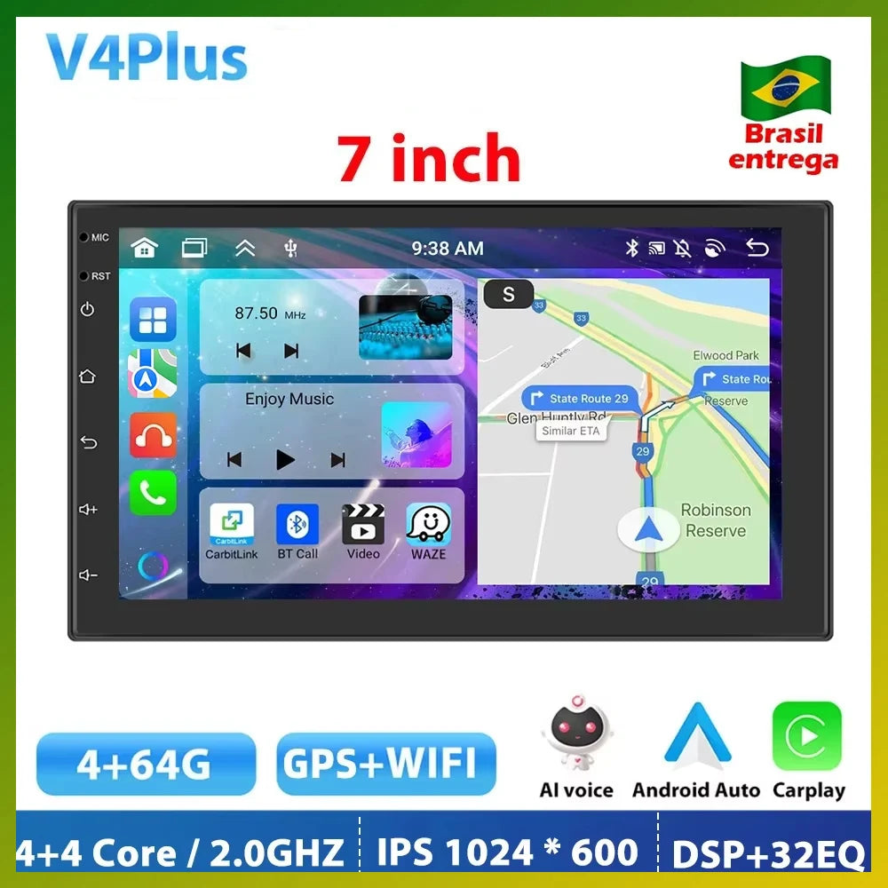 Podofo Android 12 Car Radio Androidauto Carplay 2 Din GPS Car Audio 7"/9"/10" WIFI BT Automotive Multimedia Player For VW Ford