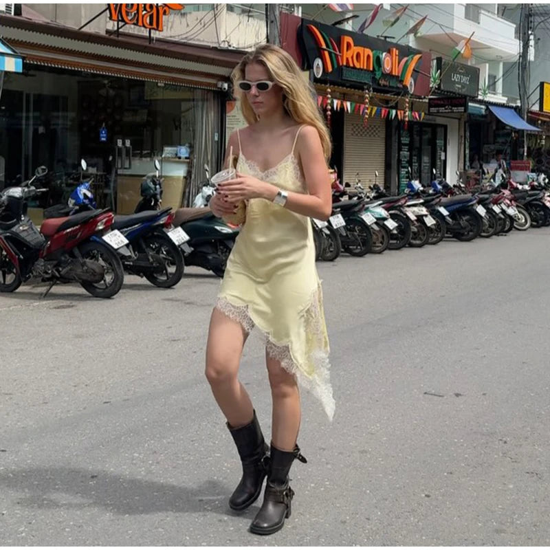 Sexy Solid Sling Lace Dress For Women Fashion Off Shoulder Backless High Waist Mini Vestido 2025 Chic Lady Party Holiday Dresses