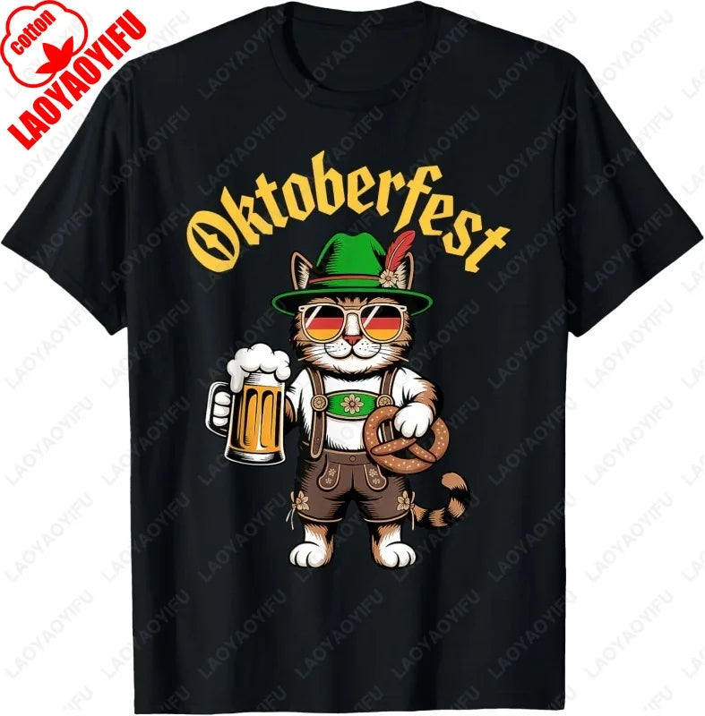 Funny Oktoberfest Cute Cat Pretzel Beer Funny Party Adults T-Shirt Fashion Y2k Streetwear Men Woman High Quality Cotton Tees