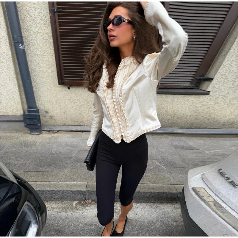 Solid Satin Lace V-Neck Puff Sleeve Blouse Curved Hem Slim Fit 2026 Summer Glam Women Satin Shirt Parisian Versatile Lady Blusa