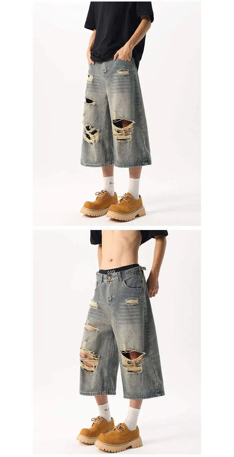 Men's Distressed Loose Fit Straight Leg Denim Capri Pants Casual Summer Jeans Ripped Details Trendy Casual Wear