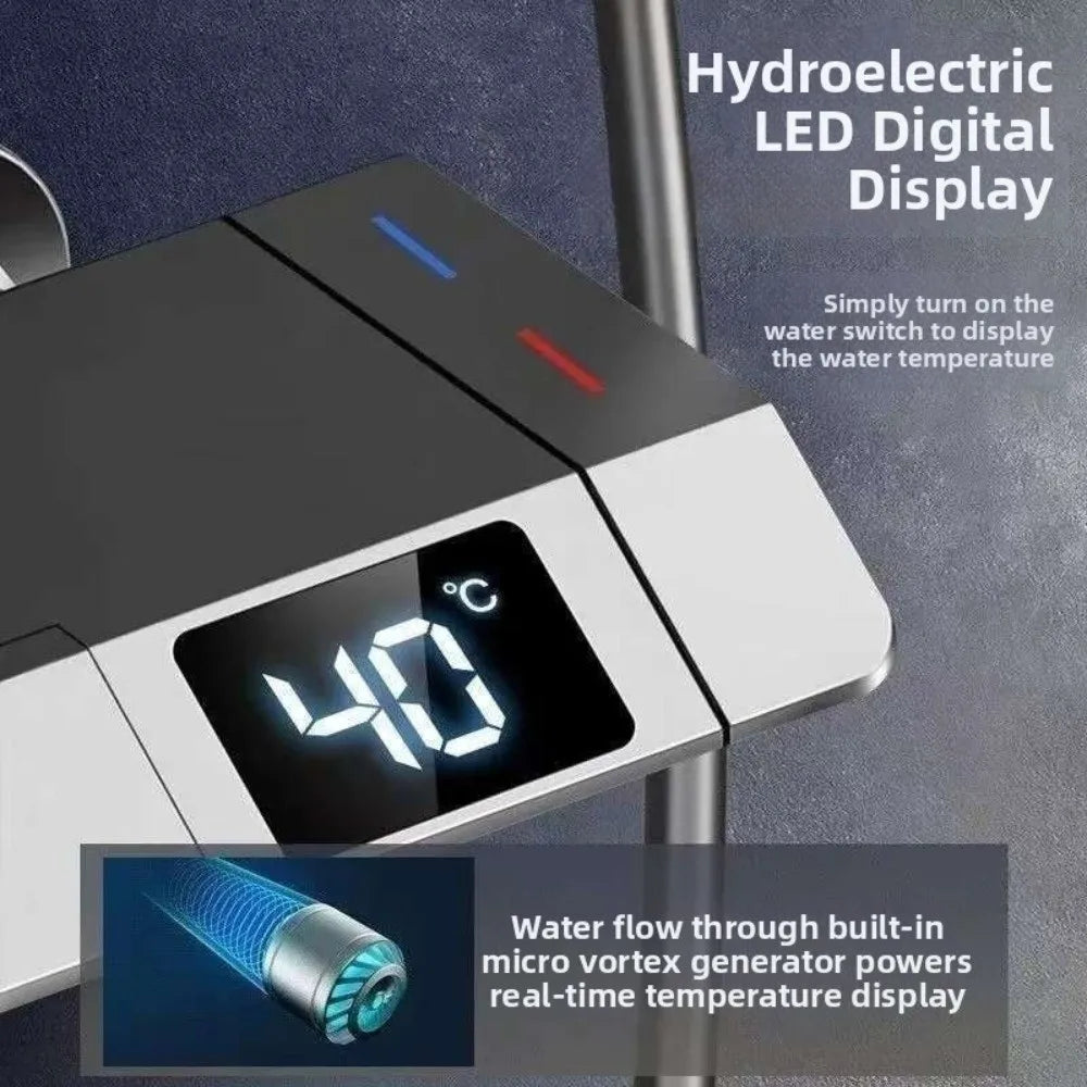 Grey Shower System Intelligent High Pressure Digital Shower Faucet Set Piano Button Temperature Display Rainfall Shower Set