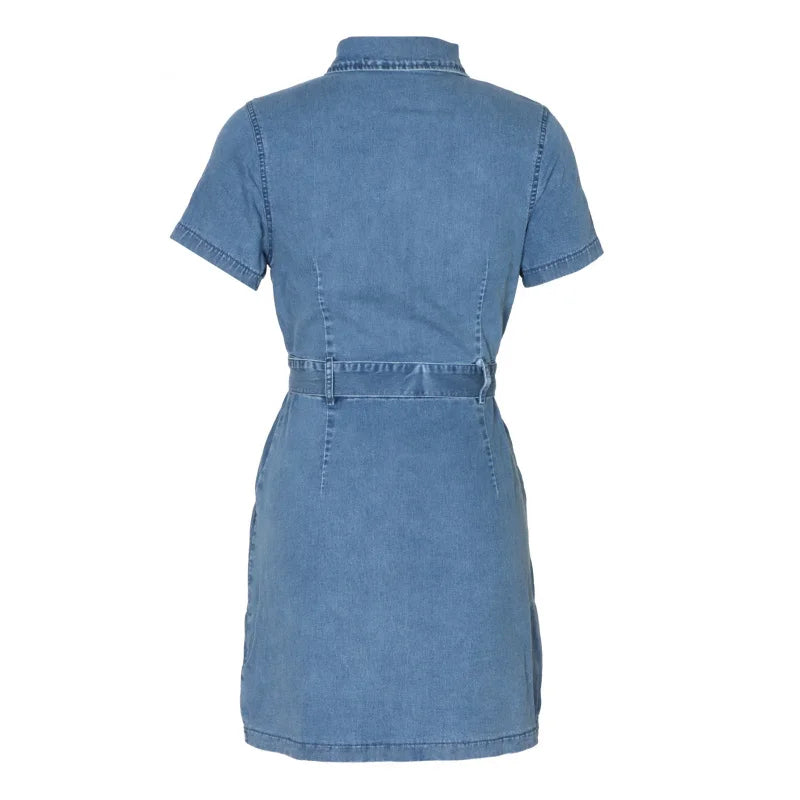 Spring Summer Women Denim Dress Short Sleeve Shirt Style Collared Waist Cute Mini Bodycon Casual Outfit