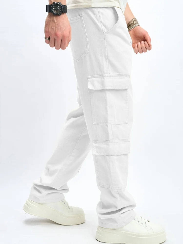 Mens Multiple Pockets Cargo Loose Jeans Streetwear Straight Casual Outdoor Trousers Male Clothing Fashion Denim Pants White