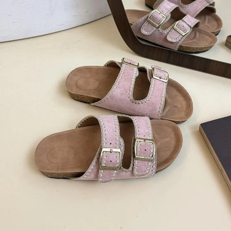 Women's Flat Slide Sandals Open Toe Suede Look Double Buckle Strap Slip on Whipstitch Detail Casual Summer Daily Walking Shoes