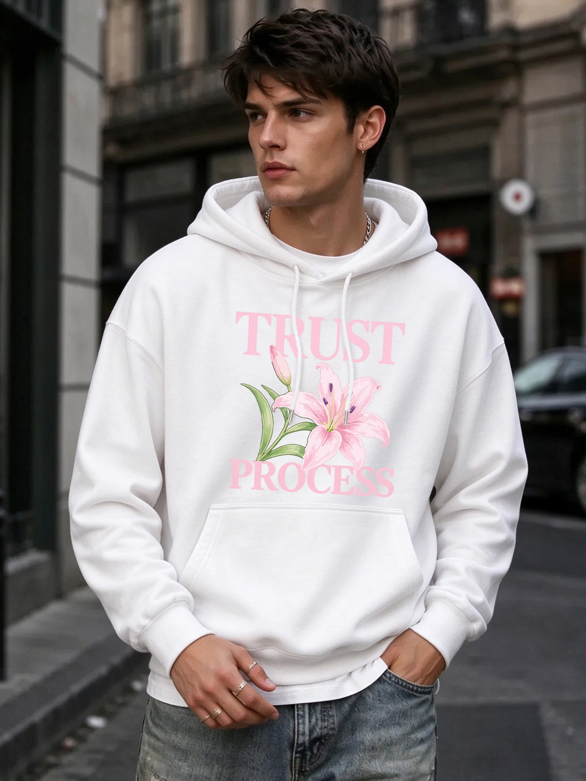 Trust Process Hibiscus Print Men Basic Hoody Casual Pocket Tops Hip Hop Loose Pullover Autumn Fleece Unisex Simple Long Sleeve