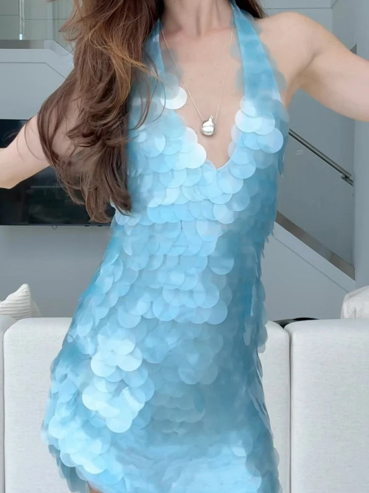 Women's 2026 Light Blue Halter Sequin Dress Sleeveless Loose Large Sequin A-Line Mini Dress Summer Evening Party Shining Gown