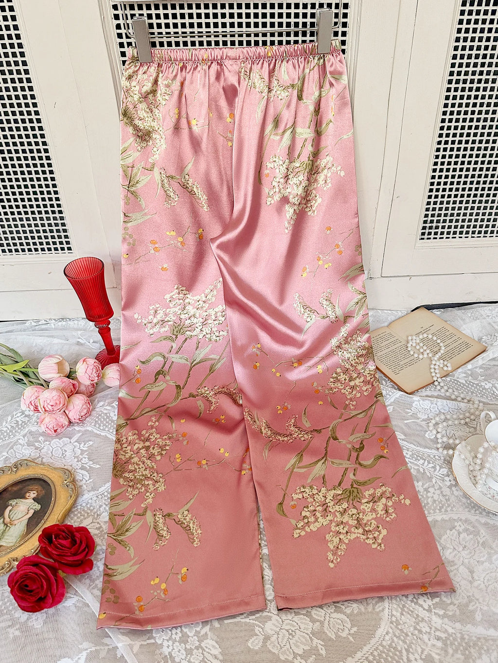 New All Season Women Cherry Print Pants Elastic Waist Loose Trousers Casual Home Loungewear Sleep Bottoms