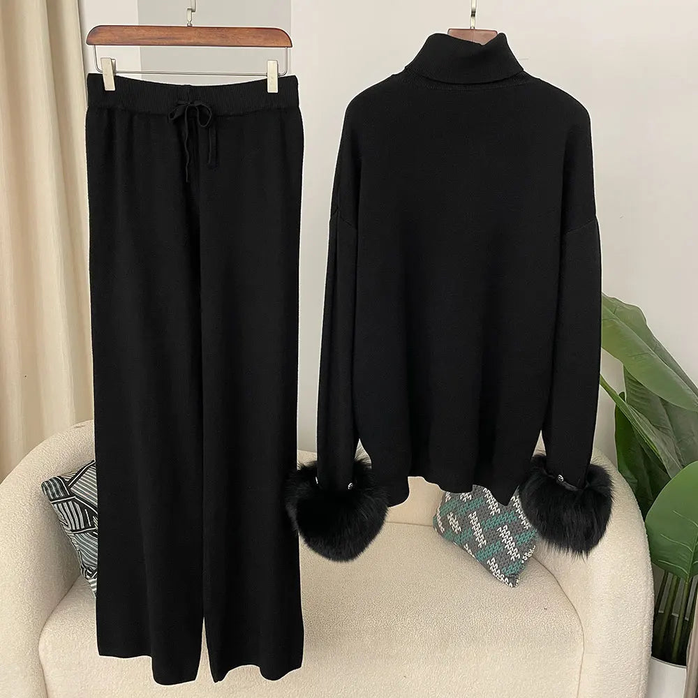 2024 New Fashion Autumn Winter Natural Real Fox Fur Cuffs Coat Knitted Sweater Women Long Pants Set Jacket Thick Warm