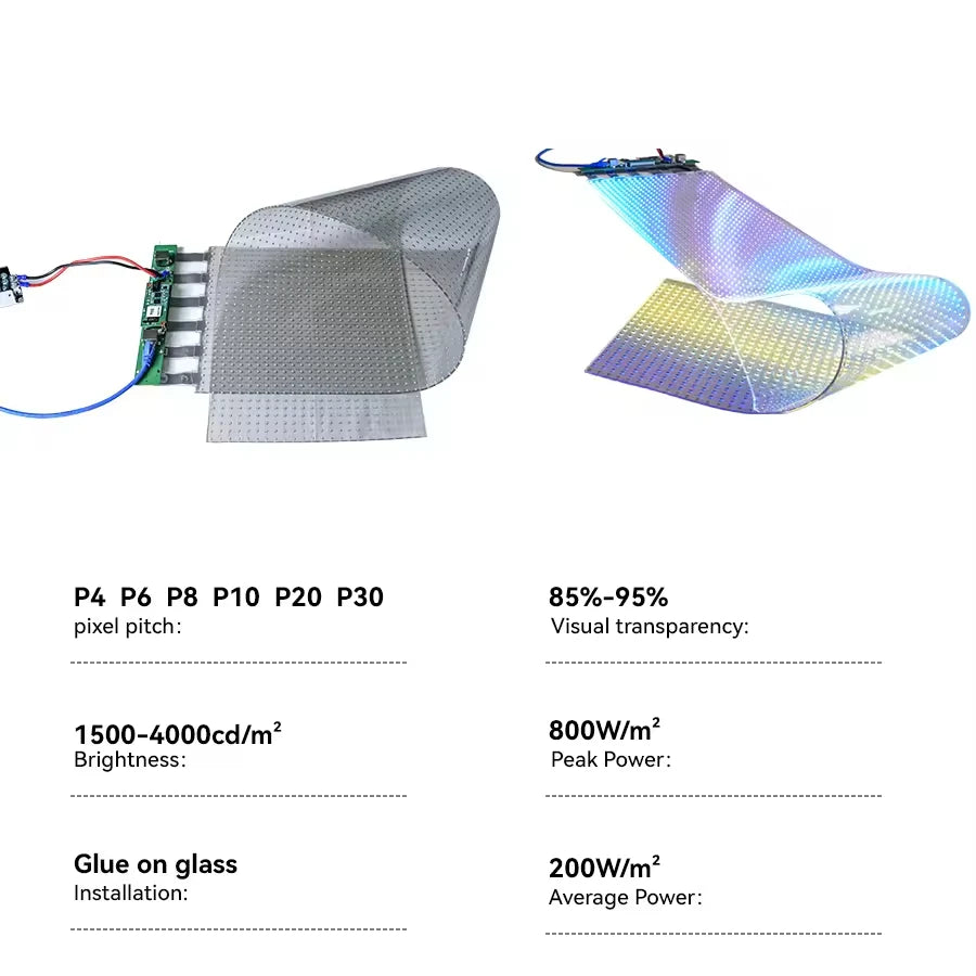 Film Transparent LED Screen Display P10/P8/P6/P4 Flexible Adhesive Crystal Film Glass for Shopping Mall Advertising