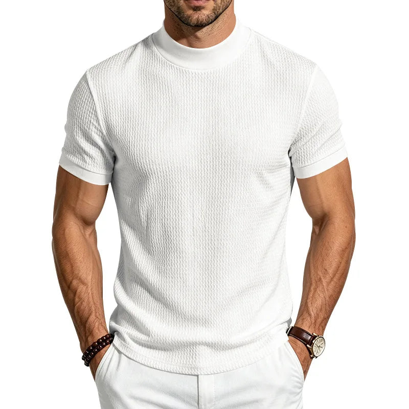 Men Summer Solid Jacquard Textured Mock Neck Short Sleeve T Shirt Slim Fit Simple Versatile Casual Daily Male Basic Tees