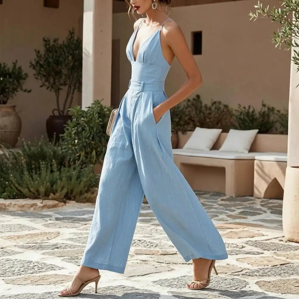 Elegant Sexy V-Neck Spaghetti Strap Jumpsuit Women High Waist Wide Leg Casual Romper Spring Boho Solid Backless Pockets Overalls