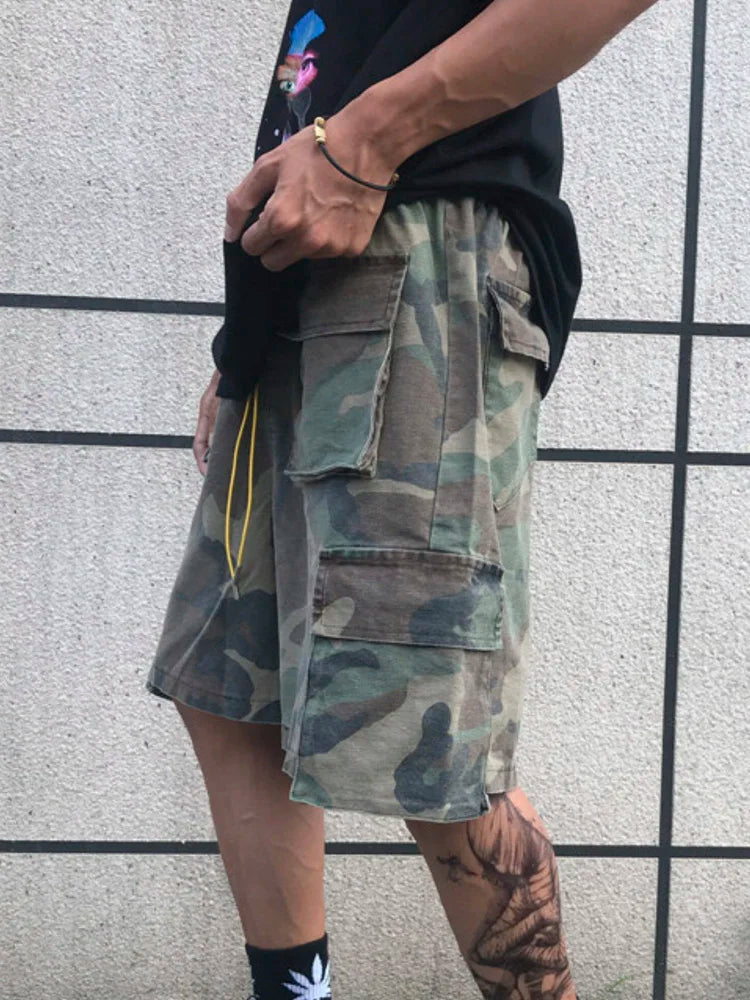 Summer Retro Camouflage Tactical Cargo Shorts Mens Drawstring Multi-Pockets Oversized Casual Work Denim Shorts Man Streetwear