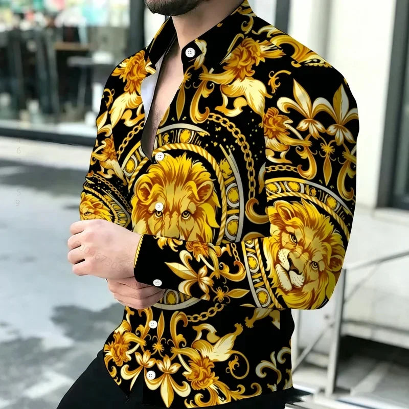 2026 New Men's Shirt Personalized Printed Long Sleeve Shirt Black Brown Contrasting Design Sense Shirt Street Trendy Men's Wear