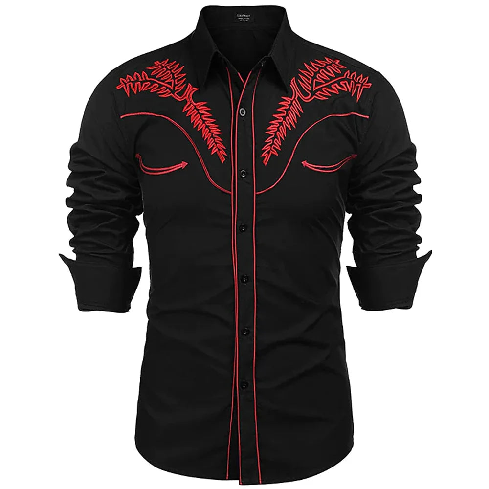 2023 New Men's Western Printed Long-Sleeved Lapel Single-Breasted Shirt Casual Social Men's Club Street Clothing