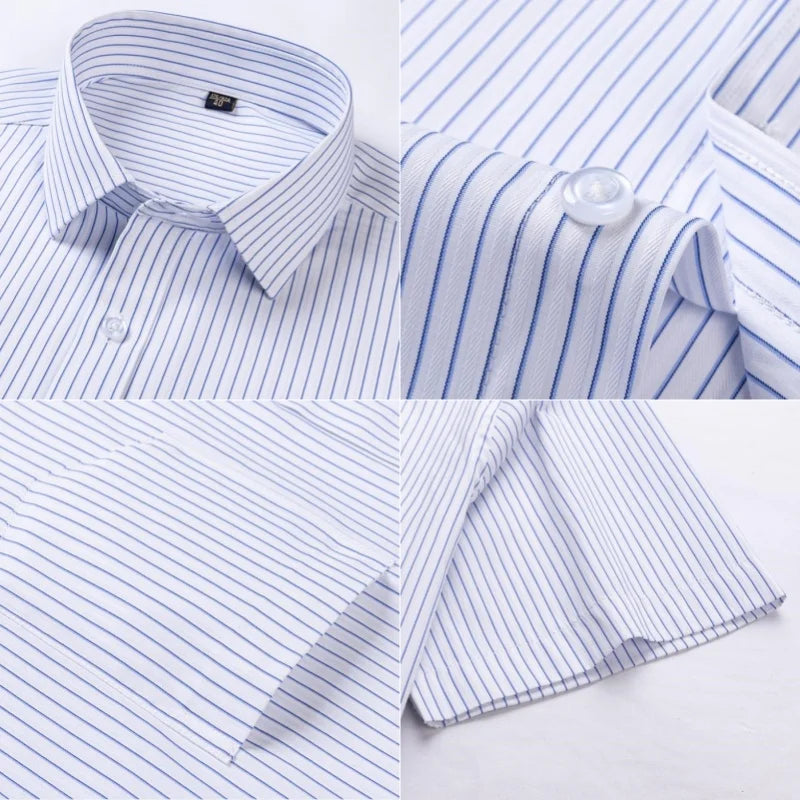 Men Formal Shirt Short Sleeve Office Solid Color Striped Fashion Business Pocket White Social Shirt Men's Clothing 5XL 6XL