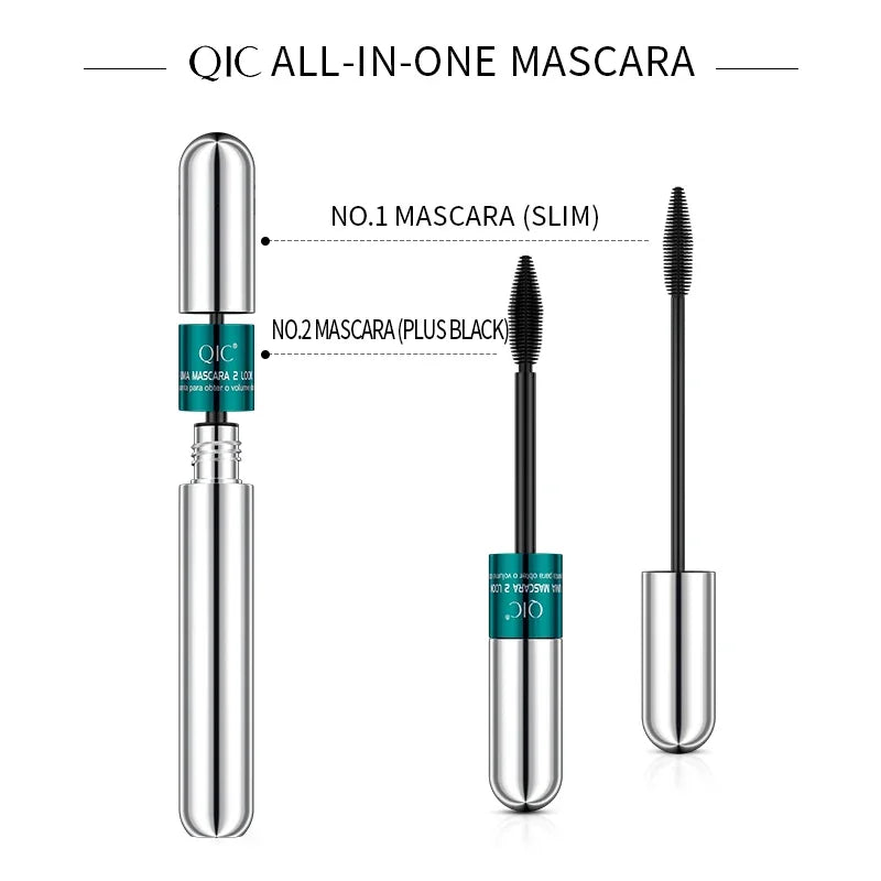 2-in-1 Double-Ended 4D Silk Fiber Mascara Quick Dry Waterproof Thick Curling Silver Tube Eyelash Mascara for Instant Volume