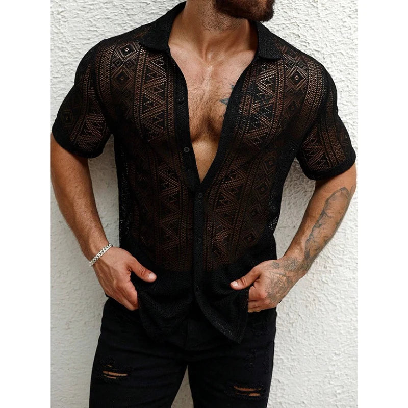 New Chic Men Sexy Lace Shirts Fshion See-through Button-down Short Sleeve Cardigan Tops Vintage Hollow Out Style Holiday Blouse