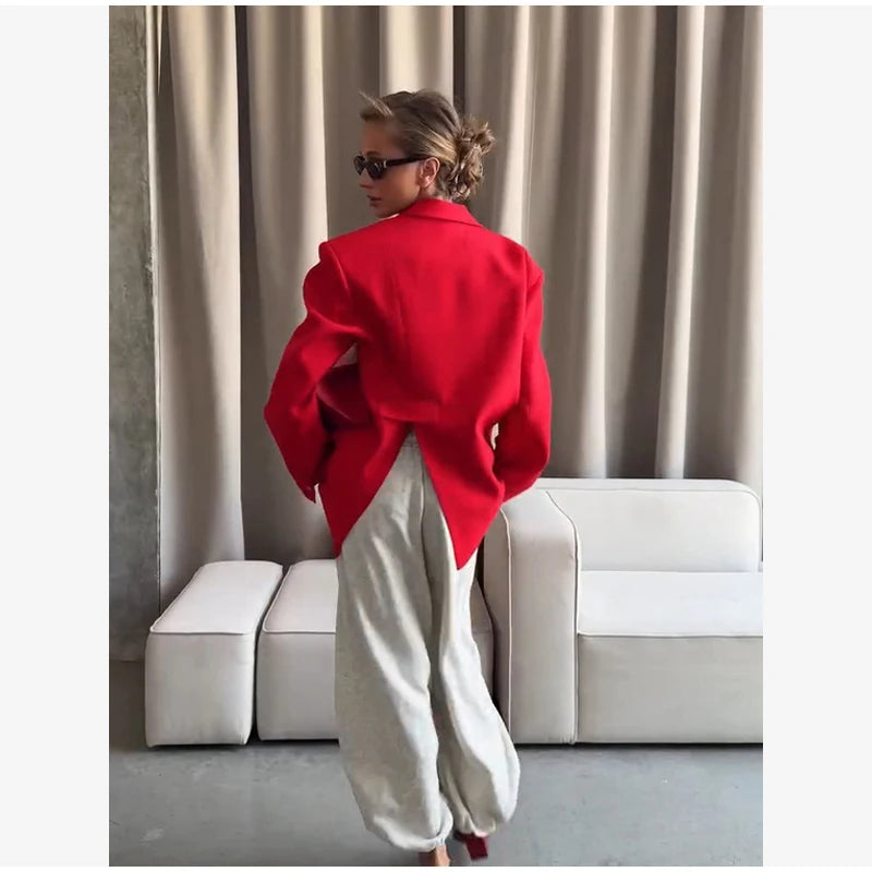 Women Red Fashion Blazer Jacket Lapel Collar Single Button Long Sleeve Loose Casual Coats Oversized Autumn Winter Street Outwear