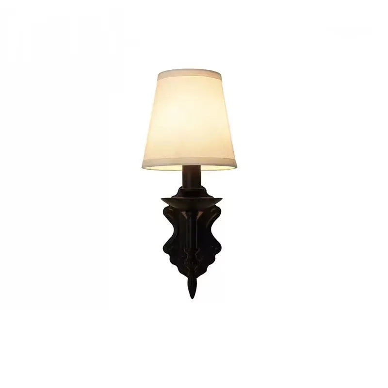 American Black Iron Wall Lamp Retro Living Room Bedroom Bedside Hotel European Countryside Study E14 Fabric Wall Light Sconce