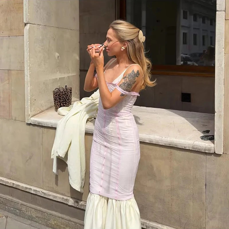 Sexy Nude Fishbone V-neck Dress Women Elegant Sleeveless Pleated Slim Waist-cinching Gown 2026 Summer Party Casual Streetwear