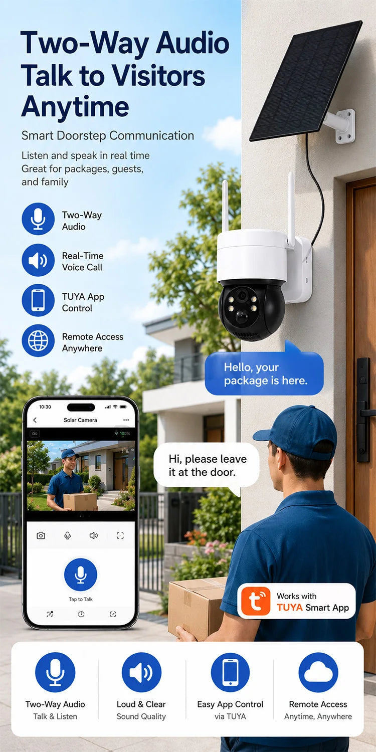 Solar WiFi Camera 3MP TUYA Smart Outdoor PTZ Security Camera Solar Powered 2-Way Audio Full Color Night Vision PIR Alerts IP66